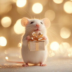 Poster - Adorable white mouse with a golden gift box and sparkling festive lights