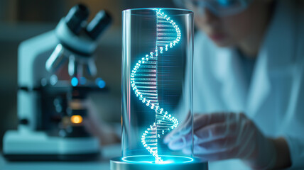Poster - scientist examines glowing 3D DNA model in laboratory, with microscope in background, showcasing advanced genetic research and biotechnology innovation
