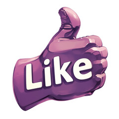 Poster - glossy purple thumbs up icon with word Like prominently displayed, symbolizing approval or agreement, isolated on transparency background