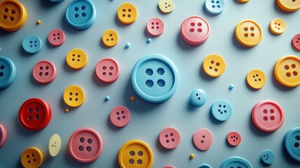 Sticker - Colorful buttons scattered on a blue background. AI.