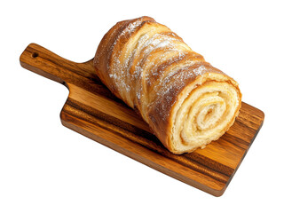 Leinwandbilder - top view of jelly roll dusted with powdered sugar, placed on decorative wooden serving board, showcasing its spiral layers and golden brown crust