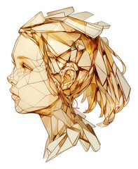 Poster - stunning abstract sculpture of young girl head made of golden crystal shards, showcasing intricate geometric details and reflective surface