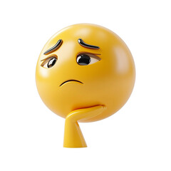 Poster - 3D rendering of thoughtful emoji in light tan, isolated on transparency background, with pensive expression and hand resting on its chin, conveying deep contemplation