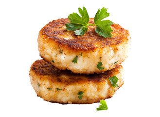 Poster - Golden brown crab cakes garnished with fresh parsley, isolated on transparency background, showcasing their crispy texture and delicious appearance