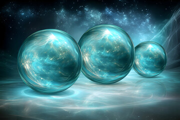 three luminous teal spheres hover over an ethereal, swirling nebula backdrop; a cosmic, mystical, an