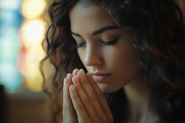 Christian woman praying for god blessing. Generative AI