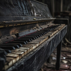 An old broken piano as a symbol of devastation, the burden of the past, pain and sadness.