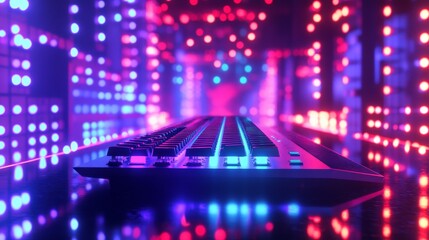 Poster - A close-up of a keyboard illuminated by colorful LED lights in a digital environment.