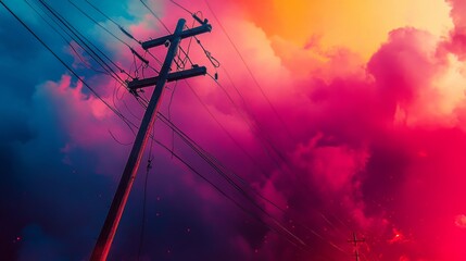 Wall Mural - Vibrant electric poles under a colorful sky. Witness the beauty of nature juxtaposed with human infrastructure. A captivating blend of colors and forms. Generative AI