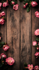 Poster - Beautiful pink roses creating a frame on a rustic wooden background, perfect for Valentine's Day projects