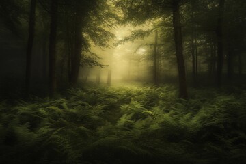 Aufkleber - Mystical forest path shrouded in fog, sunlight filtering through trees, ferns covering the ground.