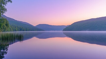 Aufkleber - Serene sunrise over calm lake reflecting pastel sky and hills.