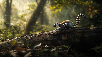 Poster - Ring-tailed lemur mother and baby on a log in a lush forest at sunrise.