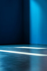 Poster - Minimalistic blue room with sunlight reflections on the polished floor and walls