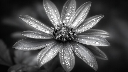Aufkleber - Monochrome close-up of a dew-covered flower, showcasing its intricate details and delicate petals.