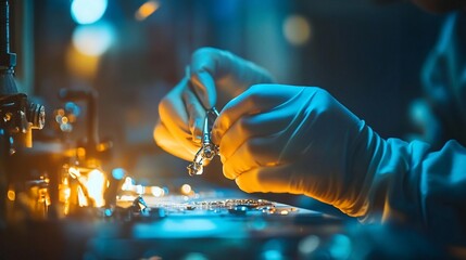 Poster - Gloved hands meticulously assemble tiny electronic components on a circuit board in a brightly lit lab.