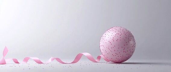 Poster - Pink sphere with pink ribbon and sprinkles on white background.