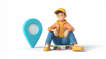 Poster - Cartoon boy sits on skateboard next to location pin.