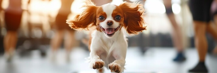 Poster - Happy dog running towards camera, blurred people background.