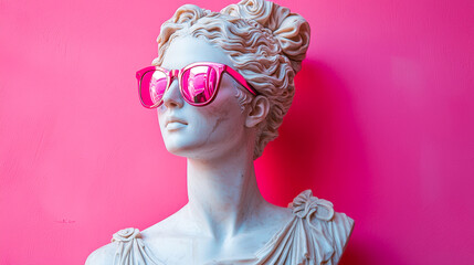 Aufkleber - Stylish statue wearing pink sunglasses against a bright pink backdrop in an art setting