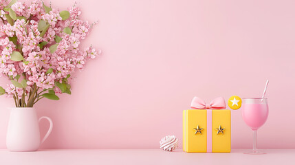 Poster - Bright and cheerful spring arrangement featuring pink flowers, a gift box, and a refreshing drink on a pastel pink background