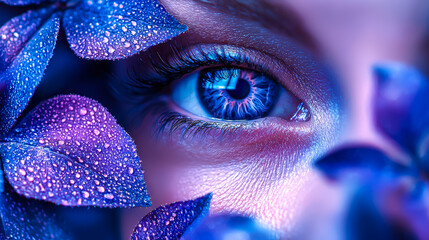 Aufkleber - Eye surrounded by vibrant purple flowers, showcasing intricate details and droplets of water at close range