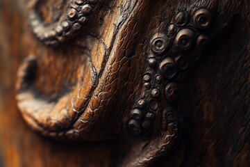 Poster - Close-up of intricately carved wooden octopus on dark brown wood.