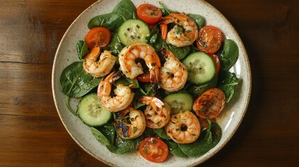 Poster - Grilled shrimp salad with spinach, cucumber, and cherry tomatoes on a plate.