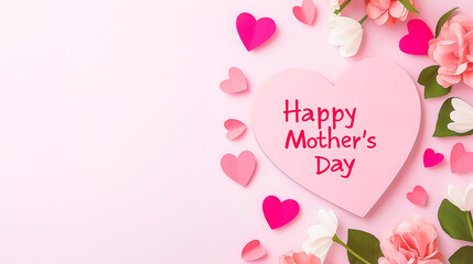 Poster - Happy Mother's Day card surrounded by colorful hearts and flowers on a pink background