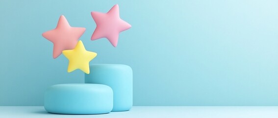 Poster - Pastel stars float above light blue podiums against a light blue background.