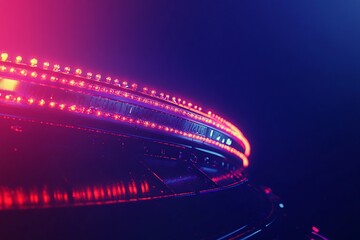Poster - Neon lights illuminate a dark, curved structure at night.