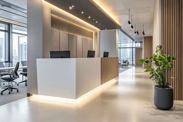 Leinwandbilder - Modern office reception area with sleek white desk, wood paneling, and potted plant.