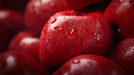 Poster - Close-up of fresh, red cherries with water droplets.