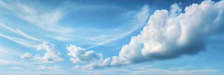 Poster - Panoramic view of fluffy white clouds and a clear blue sky.