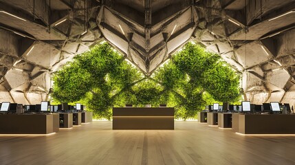 Poster - Modern minimalist office interior with large green plants and geometric ceiling.