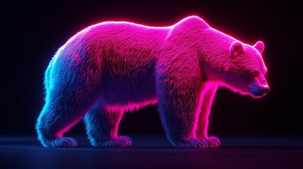 Poster - Neon pink and blue bear silhouette on dark background.