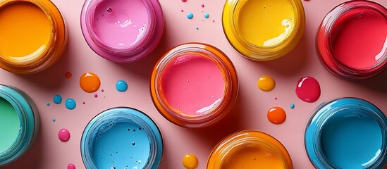 Set of paint pots of different colors top view on isolated light  pink background
