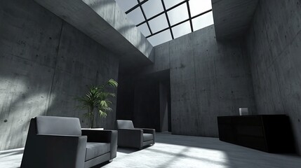 Poster - Modern minimalist concrete interior with skylight, two armchairs, and plant.