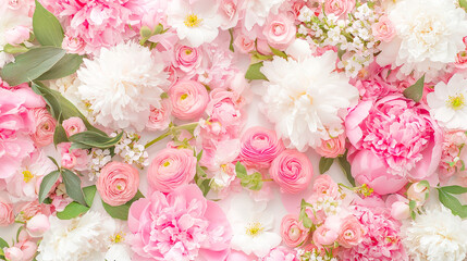 Wall Mural - Beautiful arrangement of pink flowers featuring peonies, roses, and other blossoms perfect for spring celebrations