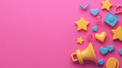 Poster - Colorful 3D shapes and a megaphone on pink background.