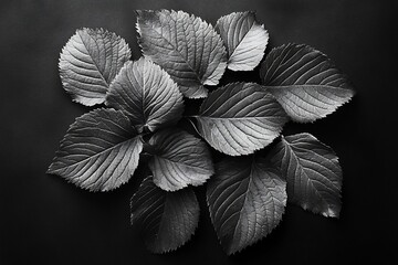 Poster - Monochrome close-up of a cluster of leaves arranged on a dark background.