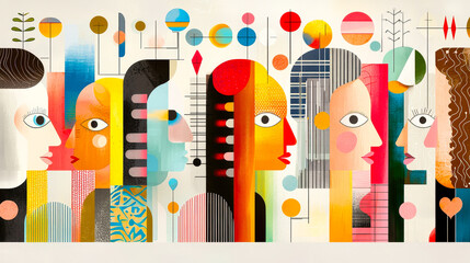 Poster - Colorful mural featuring abstract portraits of diverse individuals in a modern artistic style at an urban art space