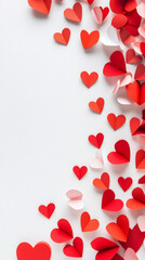 Poster - Paper hearts falling vertically, red and white colors decorating minimal white background for romantic Valentine graphic design