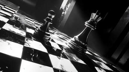 Poster - Black and white photo of chess pieces, pawn and queen, on a worn chessboard.