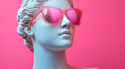 Aufkleber - Classical statue adorned with modern pink sunglasses against a vibrant pink background