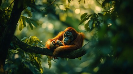 Poster - Orangutan mother cradles her baby in a lush rainforest canopy, sunlight filtering through leaves.
