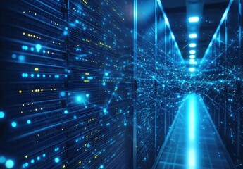 Poster - A digital AI server room with glowing data streams symbolizing the advanced technology powering artificial intelligence. Ideal for tech, AI, and innovation themes