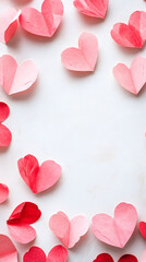 Poster - Pink and red paper hearts creating a frame on a white background, perfect for Valentine's Day-themed projects