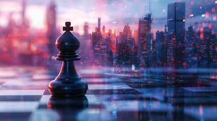 Poster - Black chess bishop piece on board against city skyline backdrop.