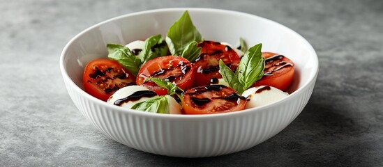 Poster - Caprese salad in a white bowl with fresh tomatoes, mozzarella, and basil, drizzled with balsamic glaze.